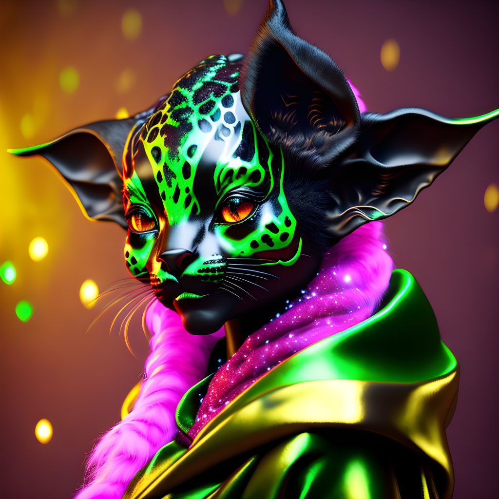 Humanoid with Feline Features and Colorful Garment