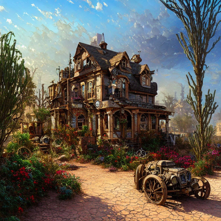 Victorian-style house in desert landscape with cacti, flowers, and antique car