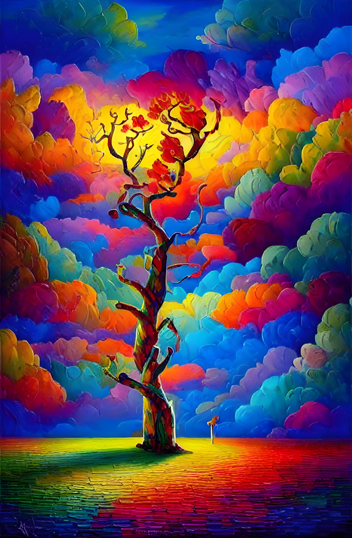 Colorful painting of whimsical tree, vibrant clouds, and figure with umbrella