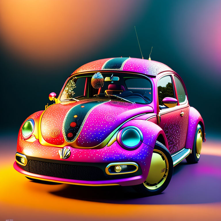 Colorful Modernized Volkswagen Beetle Illustration with Psychedelic Pattern