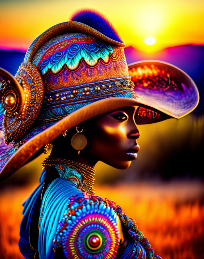 Vividly patterned hat and garment against vibrant sunset in a field