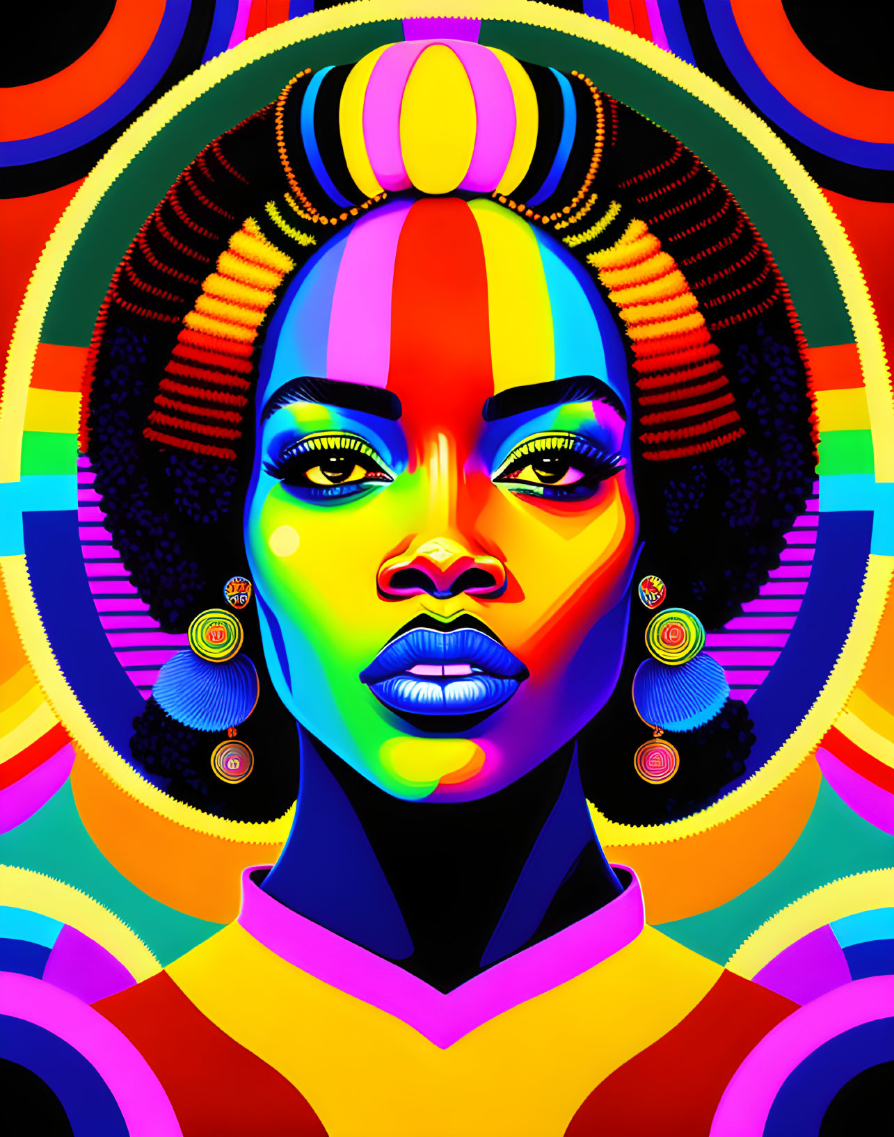 Vibrant digital artwork: woman with afro hair, colorful makeup, abstract background