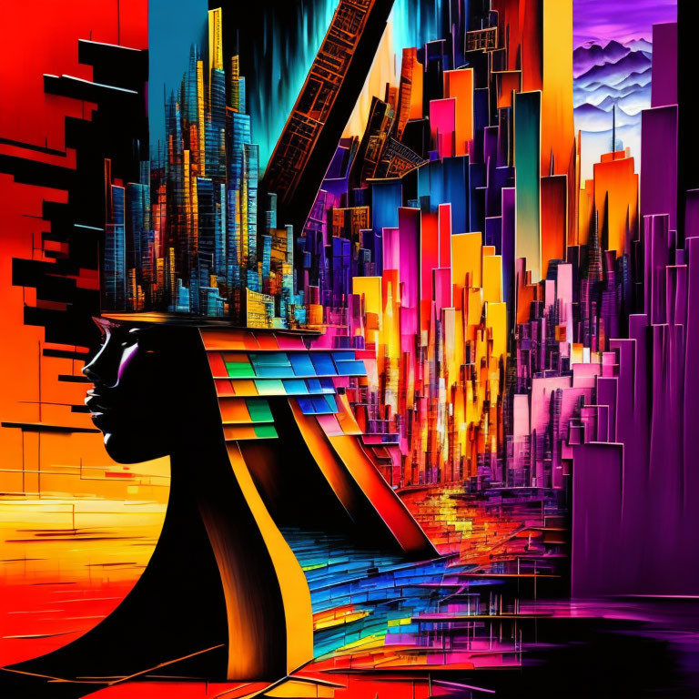 Colorful geometric shapes adorn silhouette in futuristic cityscape