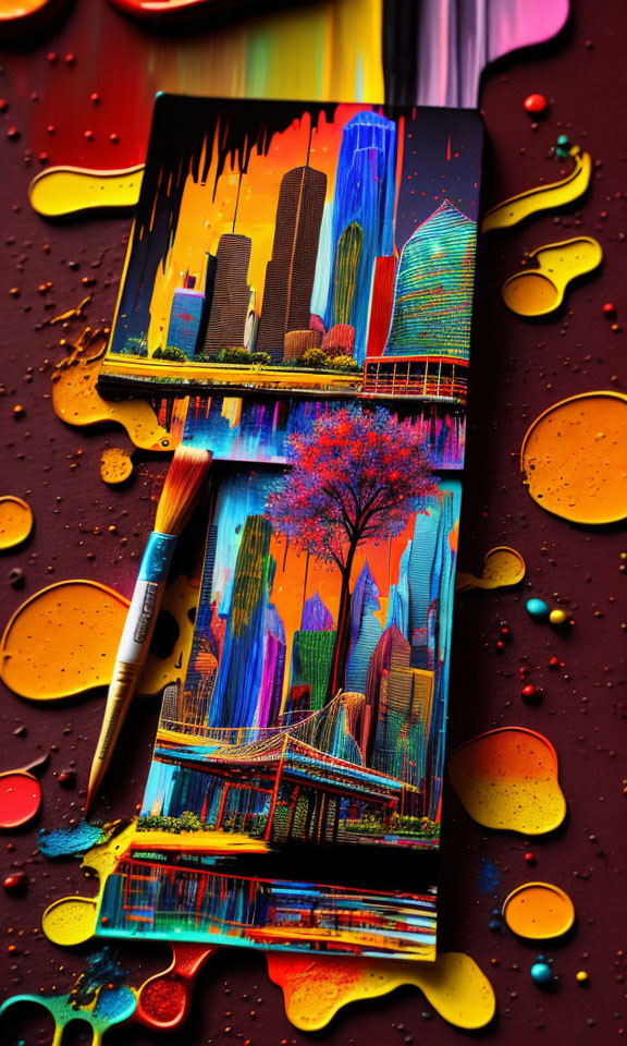 Colorful neon cityscape painting on canvas with paintbrush and splatters