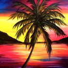 Colorful Tropical Sunset with Palm Tree Silhouette and Ocean Reflections