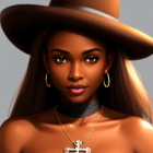 Digital artwork features woman with green eyes in wide-brimmed hat and green jewelry against starry background