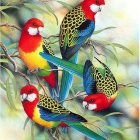 Colorful stylized artwork of three birds on branches with whimsical flora.