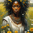 Illustrated portrait of woman with dark skin, vibrant makeup, colorful flower headdress.