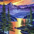 Scenic lakeside sunset painting with house and lush greenery