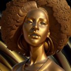 Golden 3D Rendered Female Figure with Elaborate Headdress and Regal Appearance