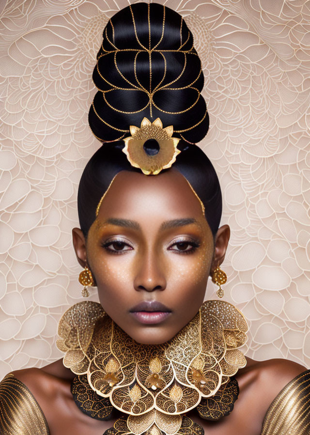 Woman with Striking Makeup and Elaborate Hairstyle in Gold-Patterned Collar