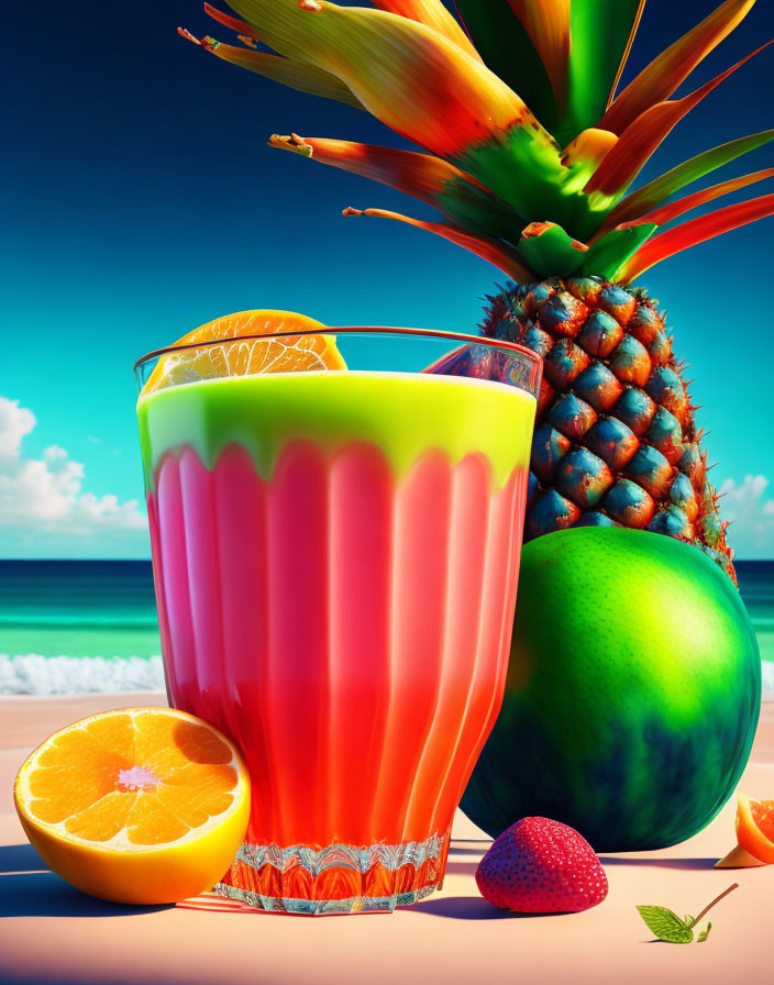 Colorful Tropical Beach Scene with Layered Fruit Juice and Fresh Halved Fruits