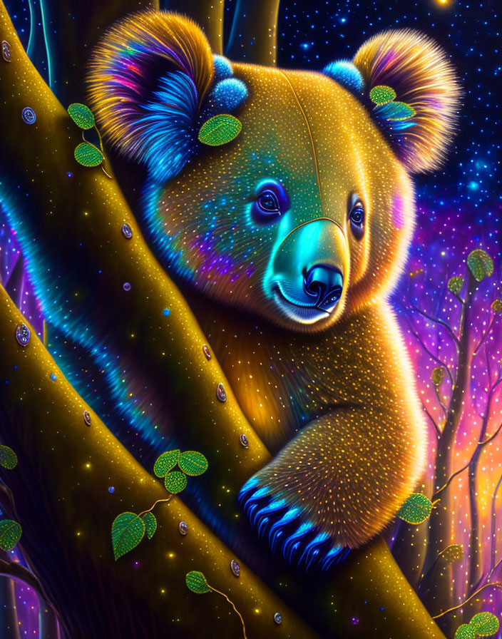 Colorful Koala Illustration with Glowing Nose in Luminous Tree