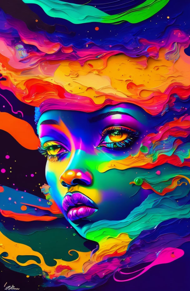 Colorful digital artwork: Female face with multicolored hair swirling on dark backdrop