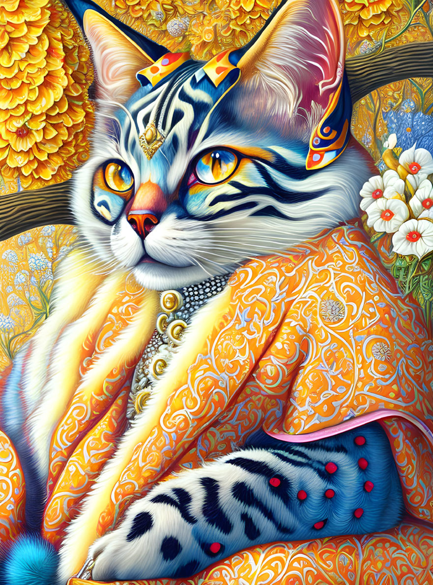 Majestic cat in ornate traditional attire among lush golden florals