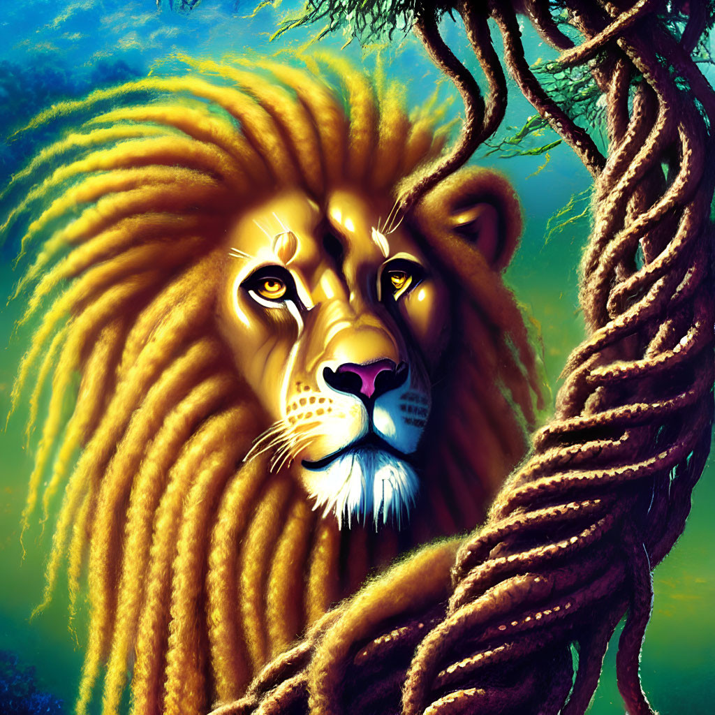 Majestic lion with voluminous mane in vibrant illustration