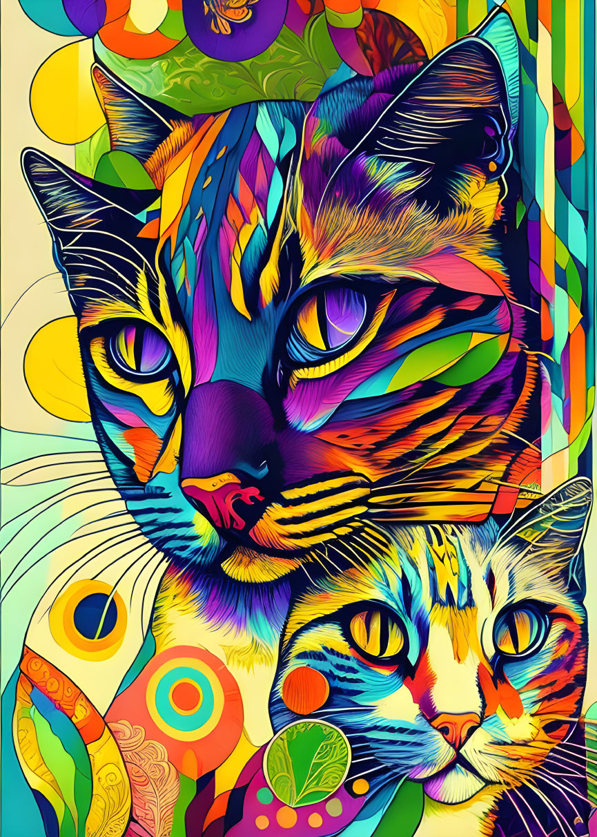 Vibrant psychedelic illustration of two cats in intricate patterns