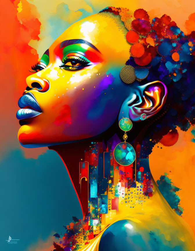 Colorful Abstract Portrait of Woman with Celestial Earrings