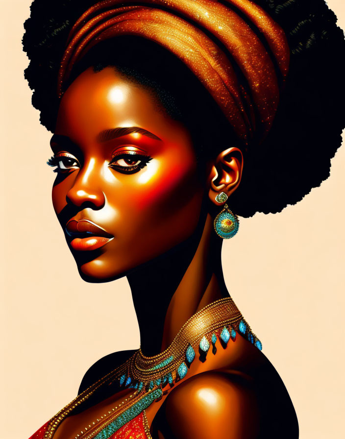 Dark-skinned woman with African-inspired makeup and jewelry on peach background