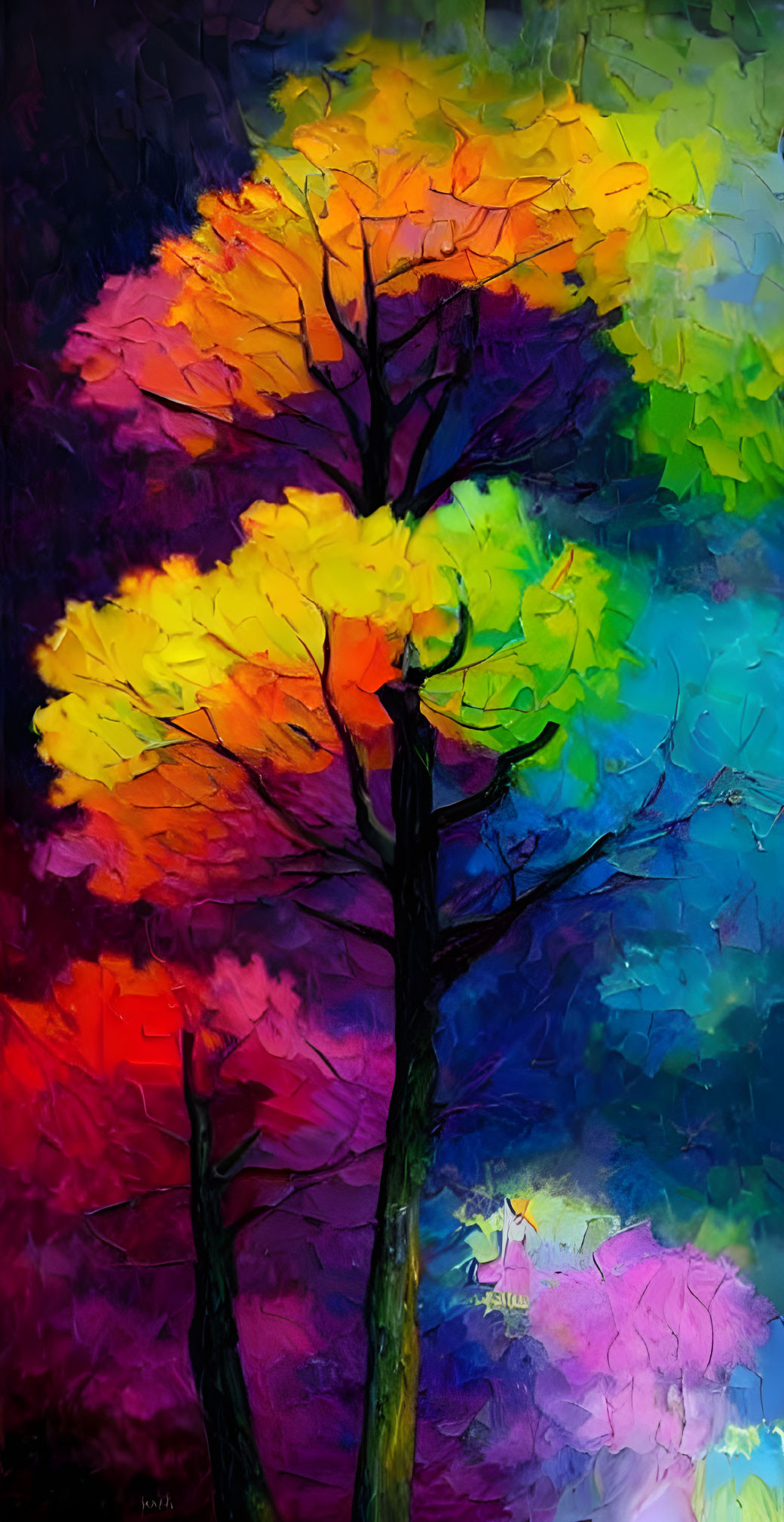 Colorful Abstract Tree Painting with Rainbow Canopy