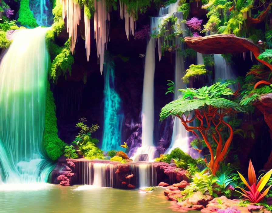 Lush waterfall oasis with cascades, tropical foliage, colorful plants, rock formations, and clear blue