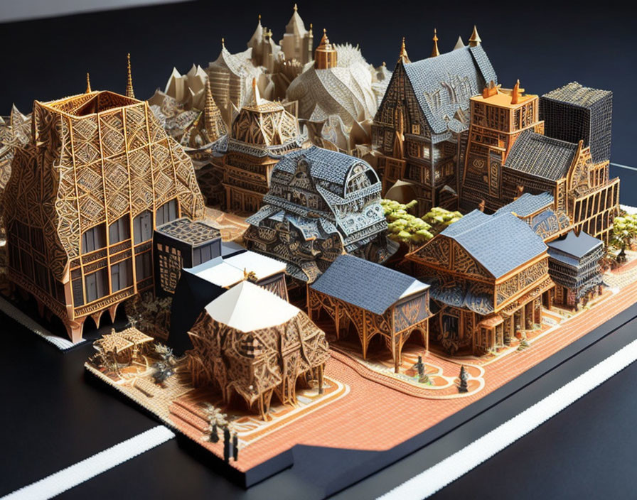 Intricately designed miniature model village on black surface