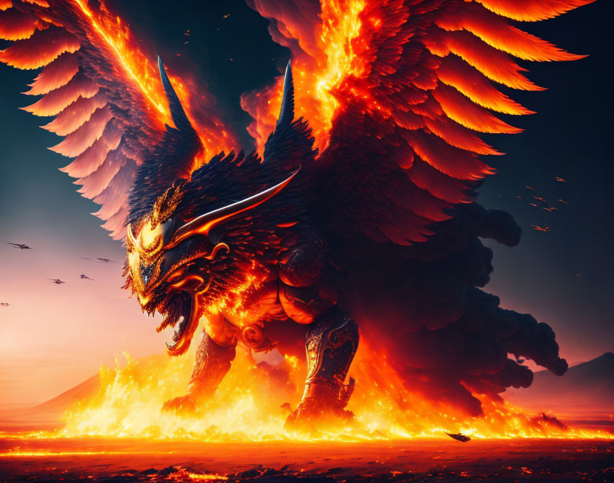 Majestic Phoenix with Fiery Wings Rising from Flames