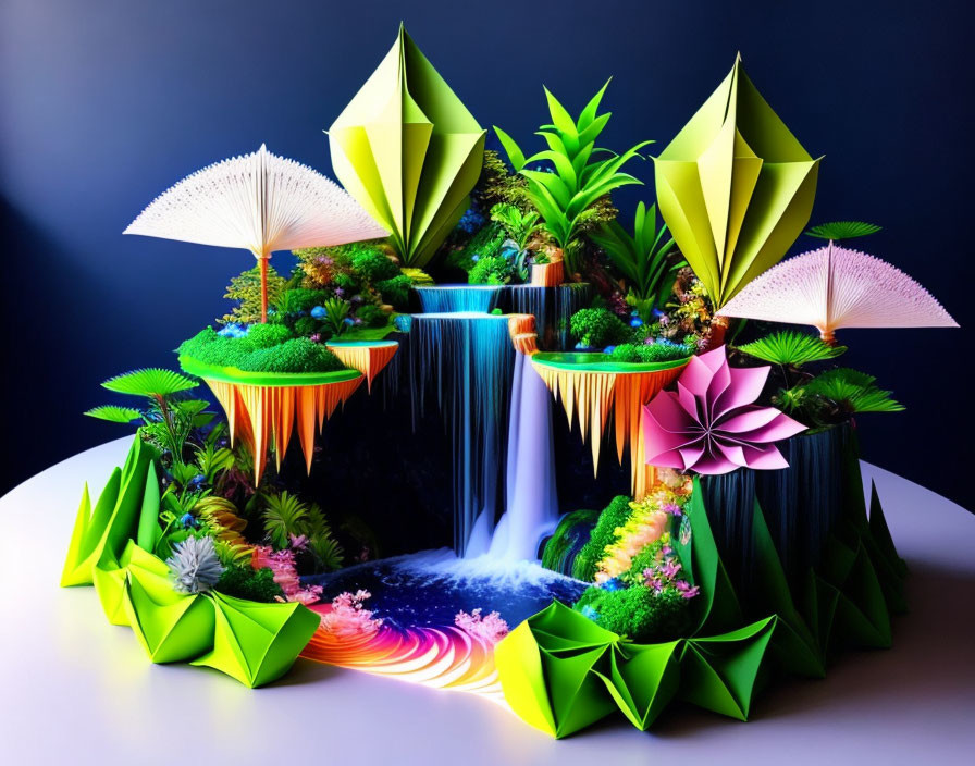 Vibrant origami landscape with paper waterfalls and foliage