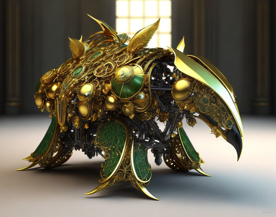 Detailed Mechanical Beetle with Gold Patterns in Elegant Room