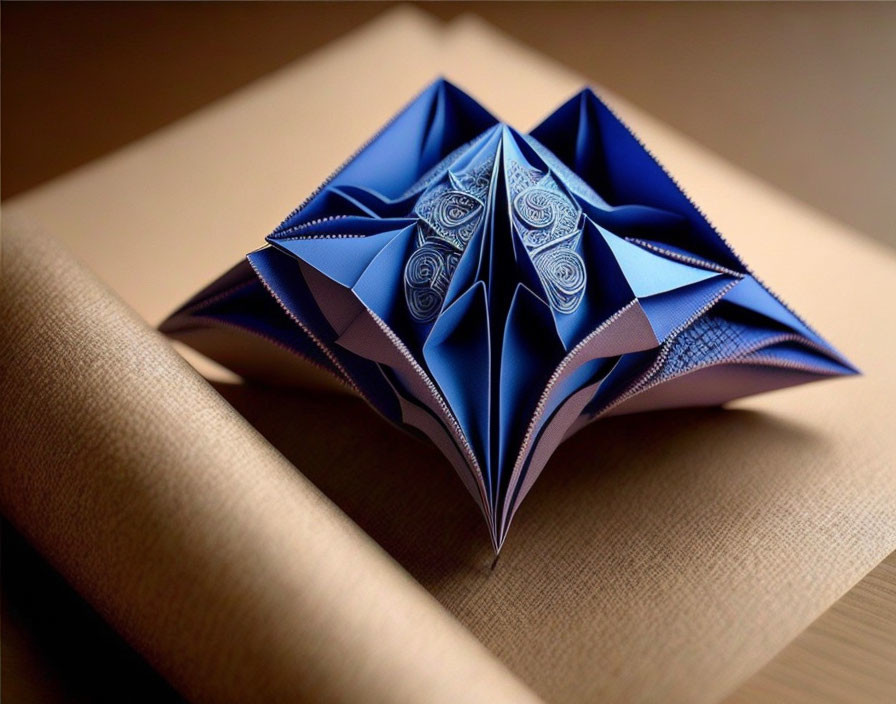 Blue Origami Sculpture with Intricate Patterns on Beige Surface