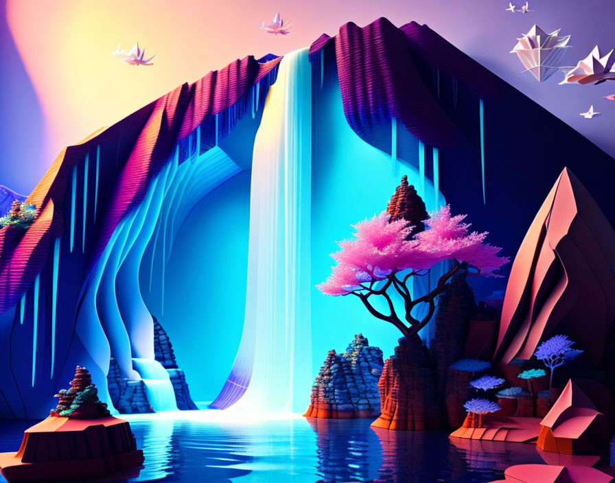 Neon-lit waterfall artwork with origami boats and pink tree