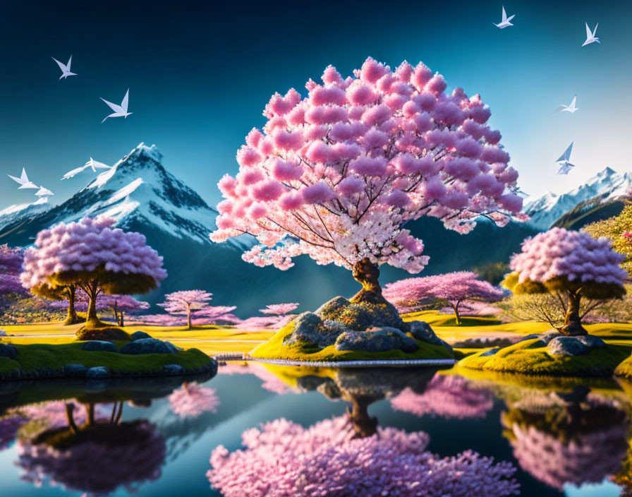 Serene landscape with cherry blossom tree, mountains, and origami birds