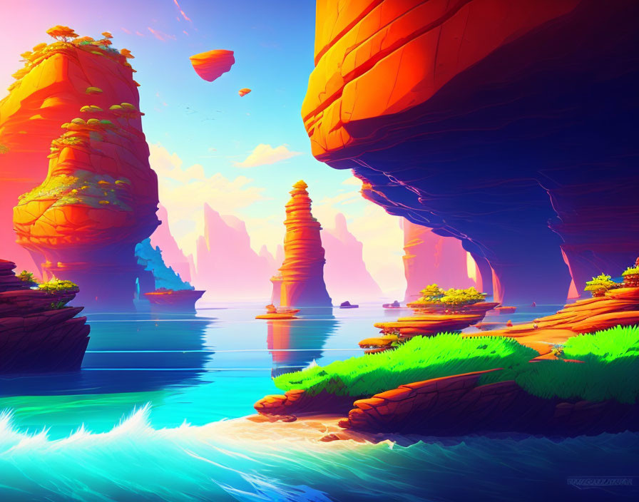 Fantastical landscape with towering rock formations and turquoise ocean