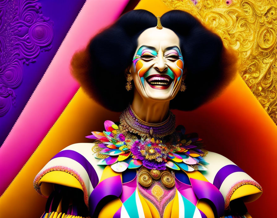 Vibrant portrait of a person with exaggerated facial features and clown-like makeup on colorful background