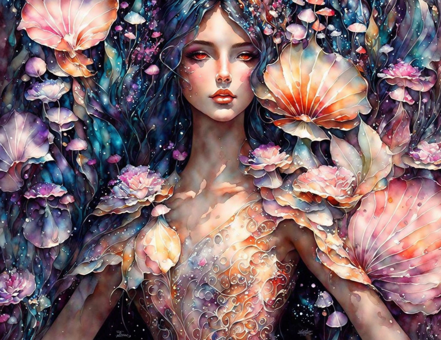 Colorful woman portrait with floral surroundings and flowing hair.