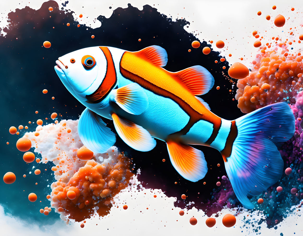 Colorful Clownfish Artwork Against Dynamic Blue and Orange Background