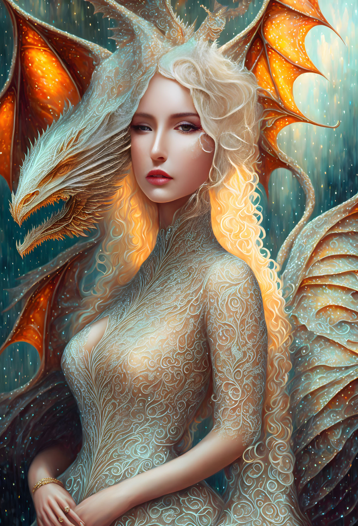 Digital artwork featuring person with dragon features: ornate scales, wings, dragon head, golden hair.