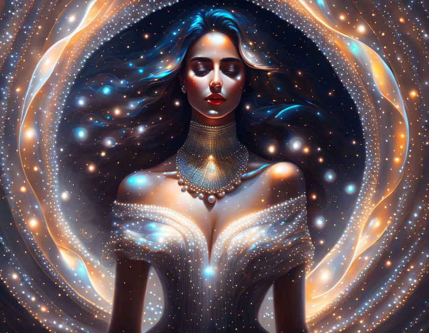 Cosmic-themed digital artwork of a woman with starry features