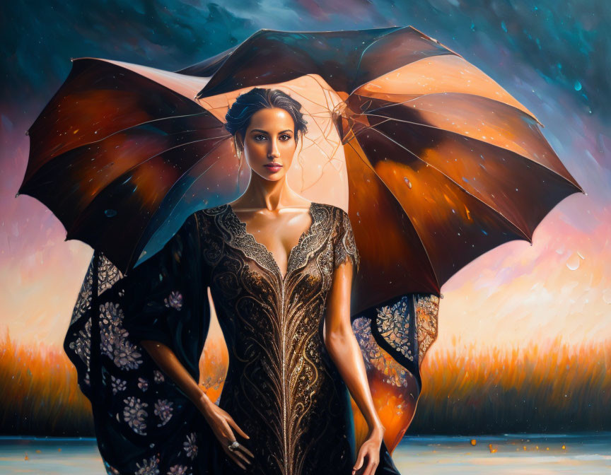 Elegant woman with two umbrellas in surreal sunset sky