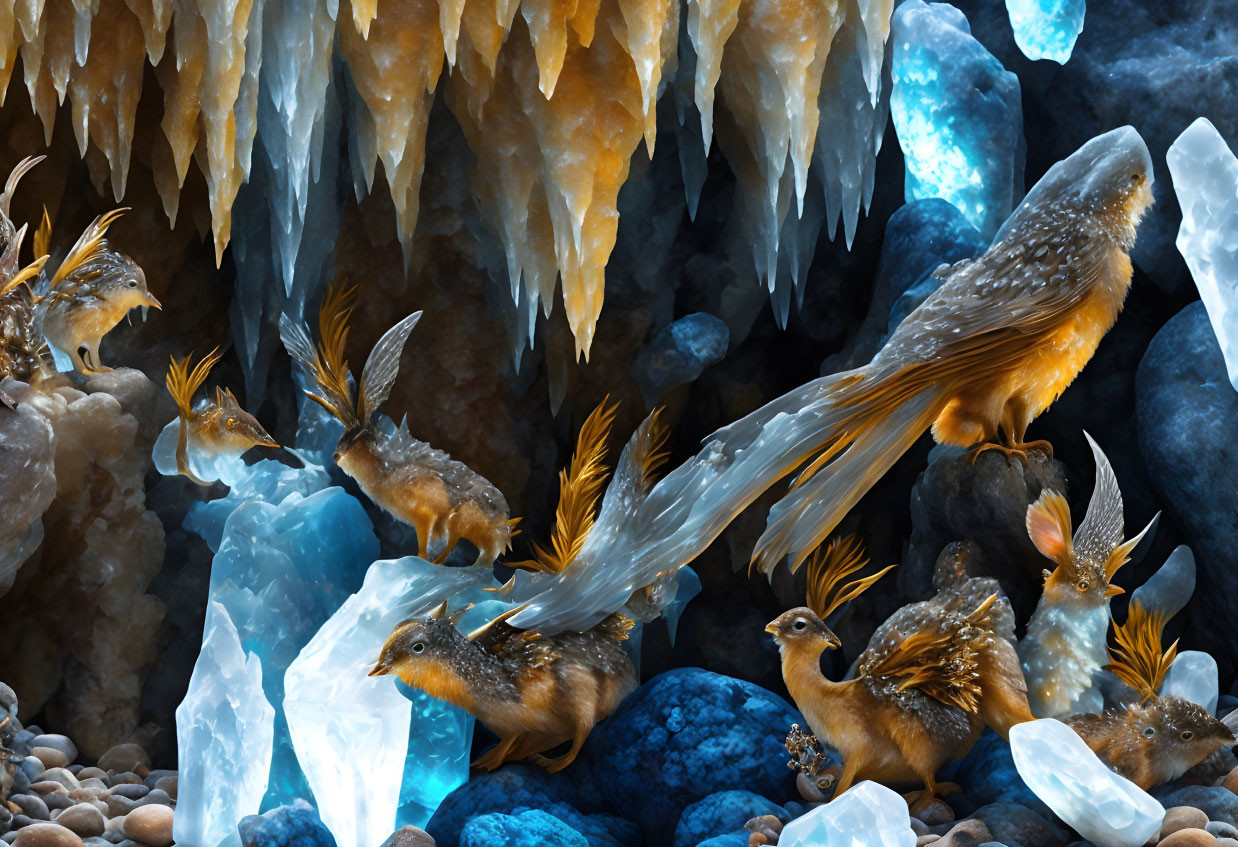 Orange Plumage Bird-Like Creatures in Ice Cave