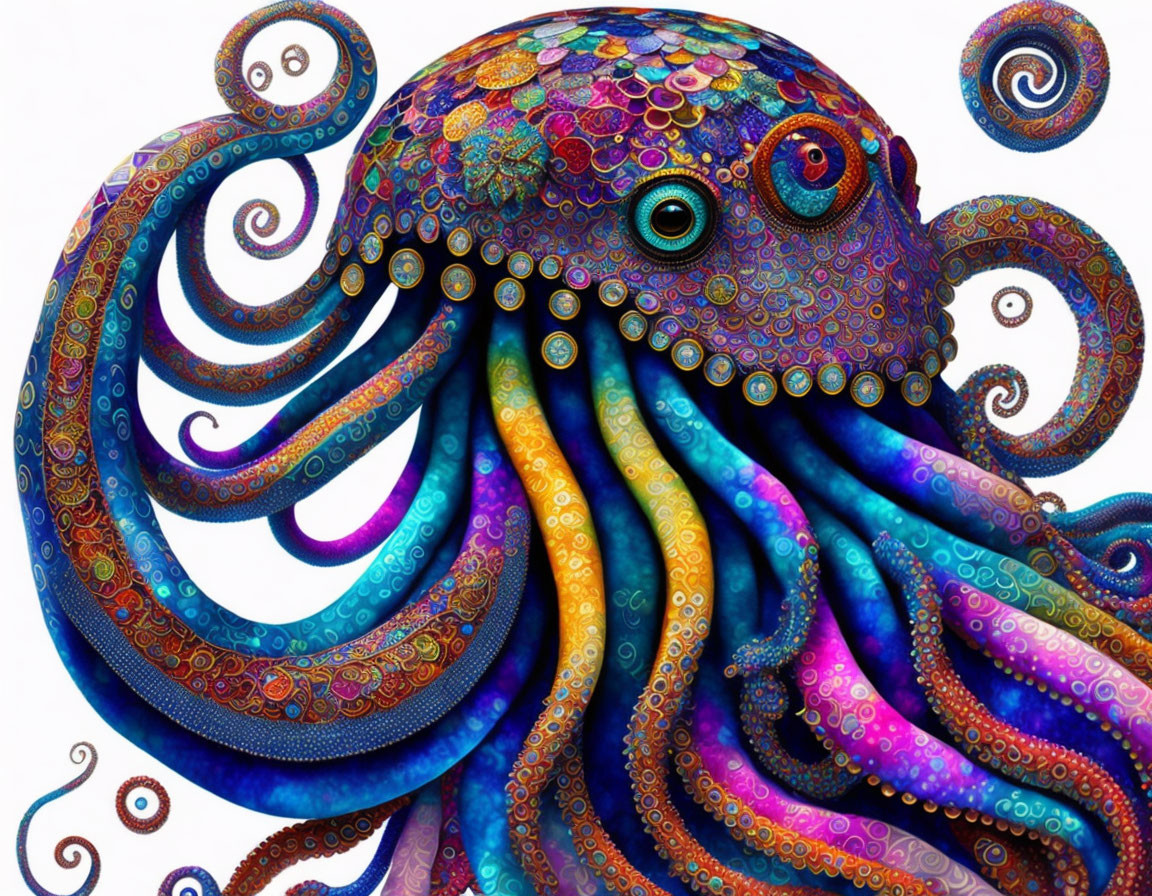 Colorful Octopus with Intricate Patterns on White Background