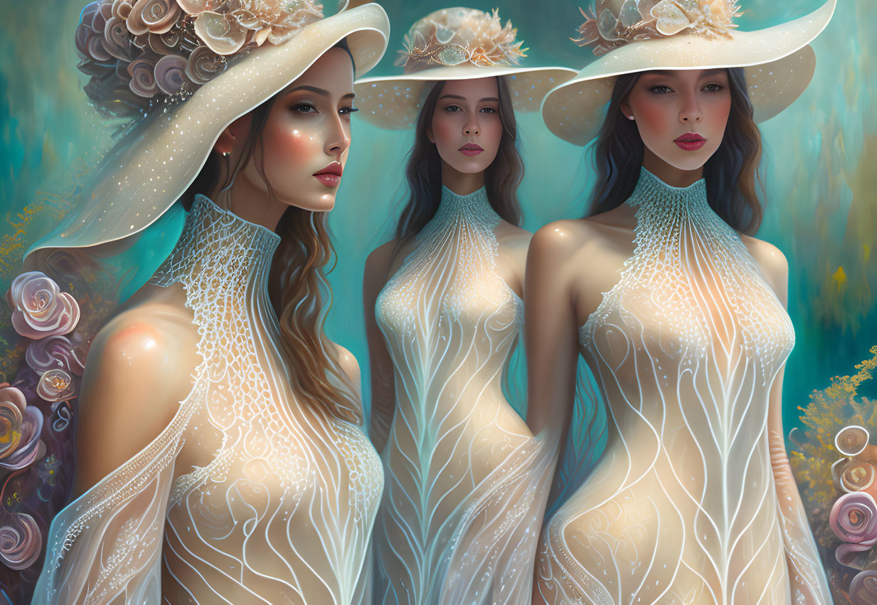 Ethereal women in embellished gowns and hats on floral backdrop