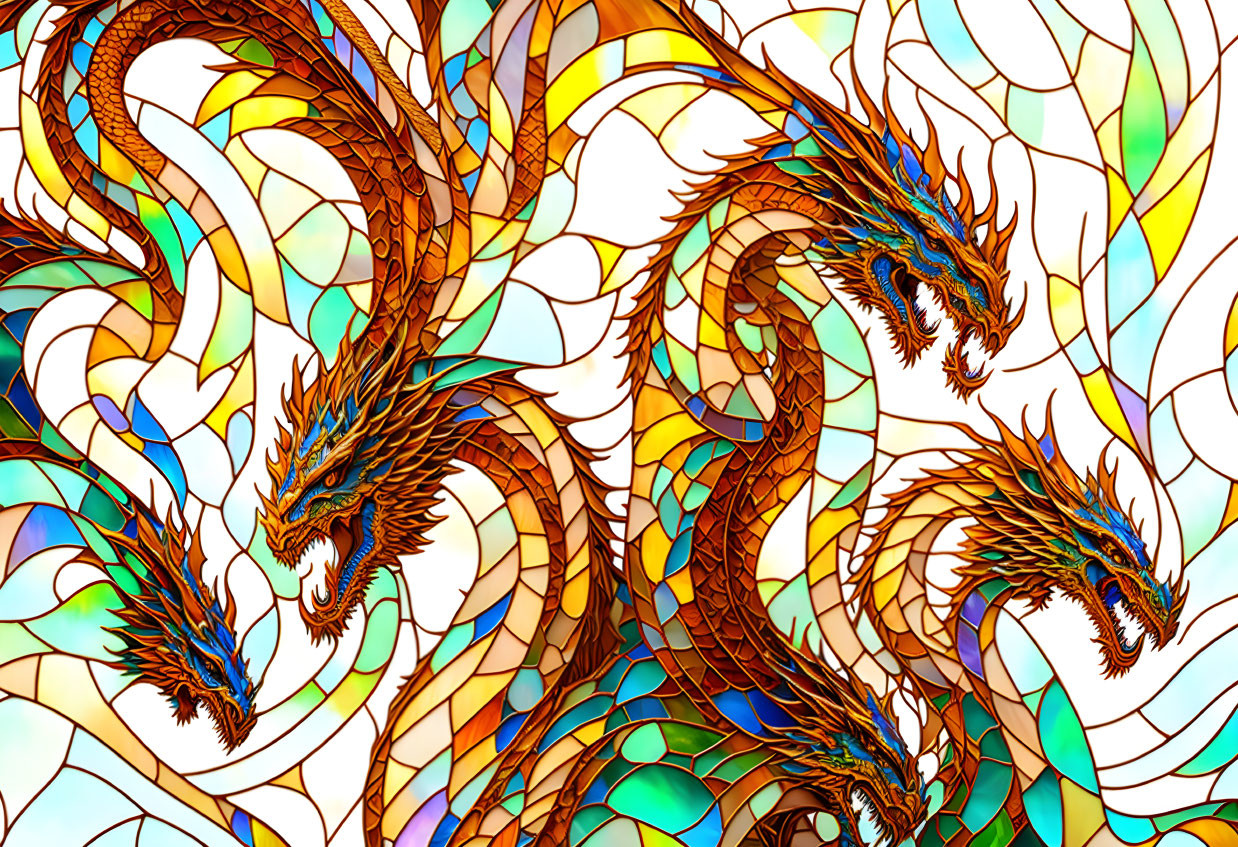 Colorful Stained-Glass Style Dragons Illustration