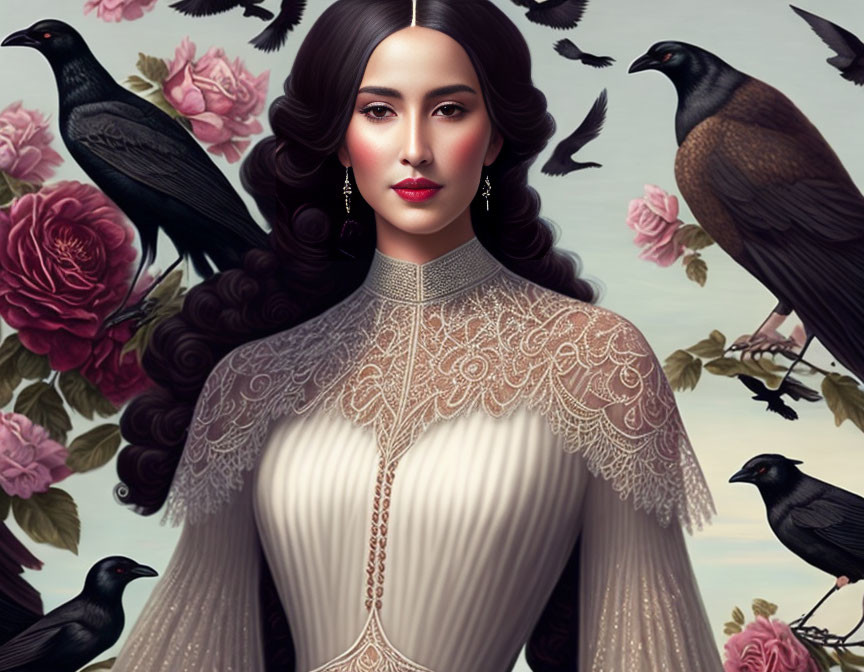 Dark-haired woman in lace dress with roses and ravens on pale background