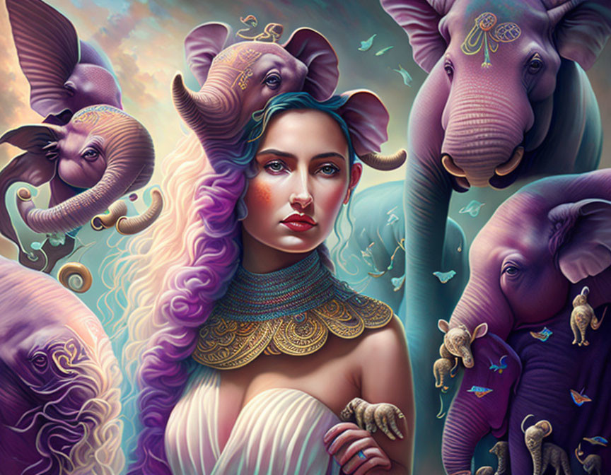 Vibrant fantasy art: Woman with surreal elephants in ornate setting