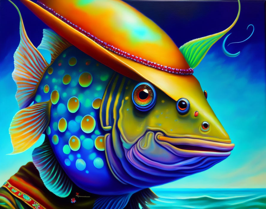 Vibrant surreal fish painting with human-like features in sombrero