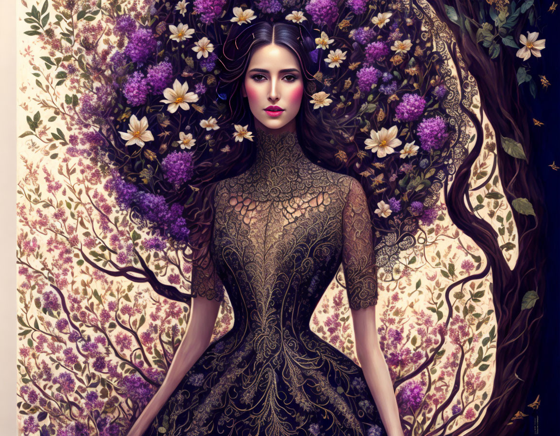 Illustrated woman in lace dress amid purple and white flowers