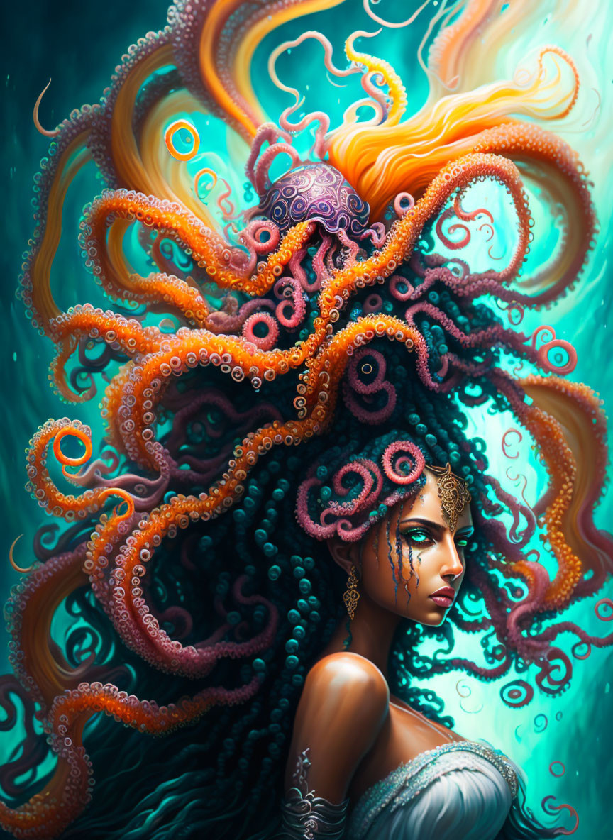 Fantastical woman with octopus tentacle hair on teal background