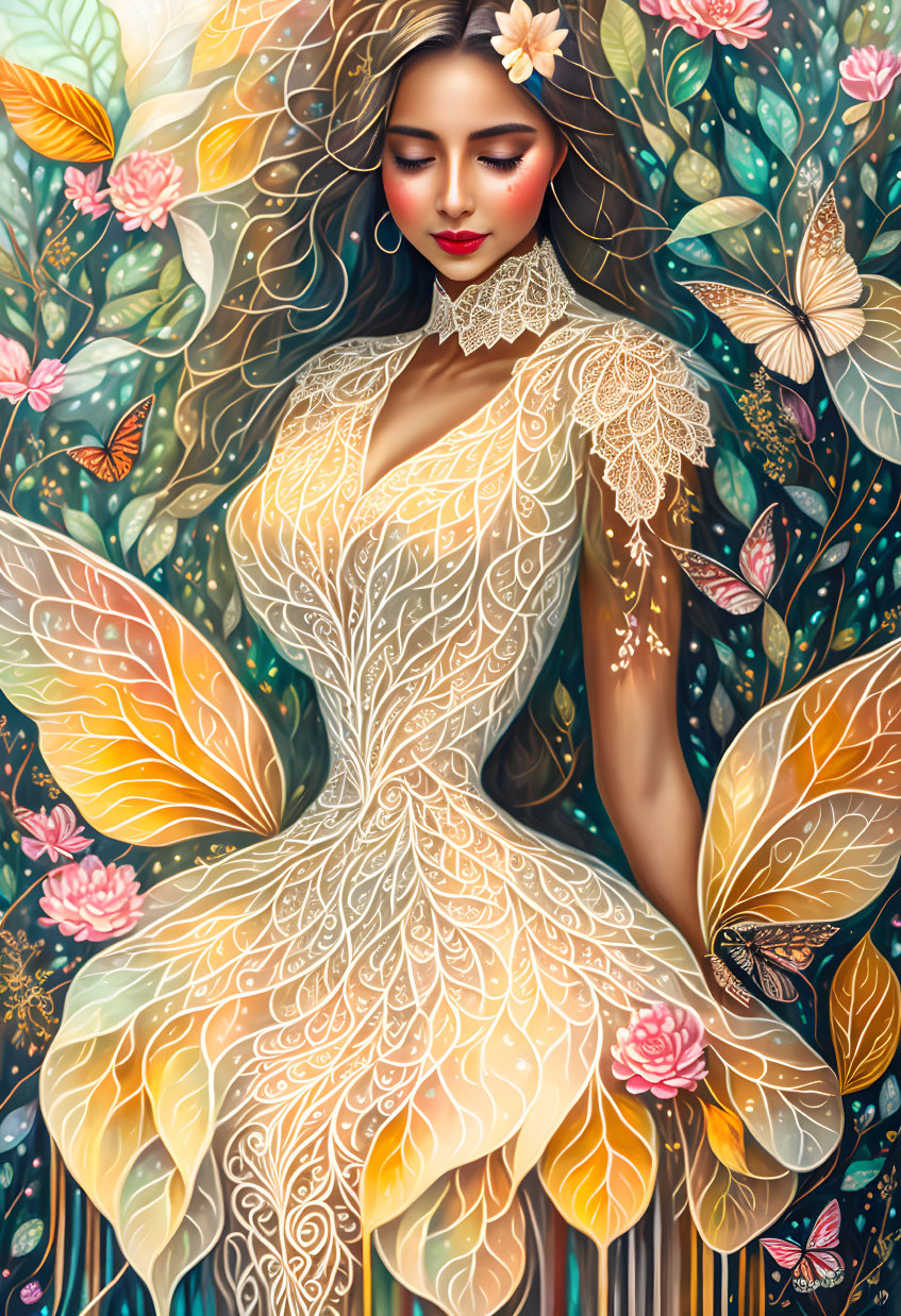 Illustrated Woman in Floral Dress with Butterflies and Foliage