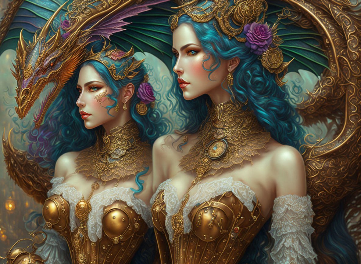 Two women in blue hair and golden fantasy attire with dragon-like creature.